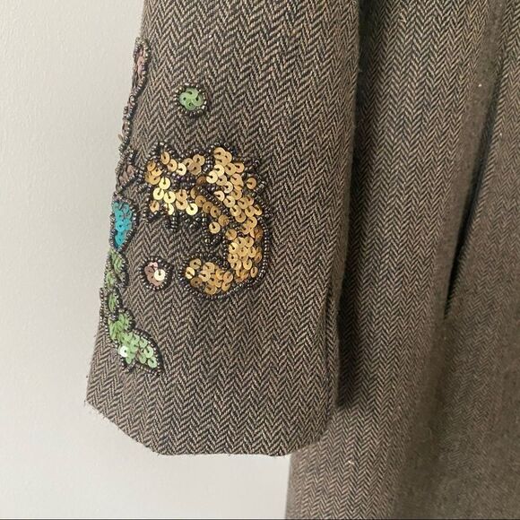 Oxmo-Wool Blend Leaf Sequin Long Sleeve Button Down Lightweight Jacket - Picture 6 of 11